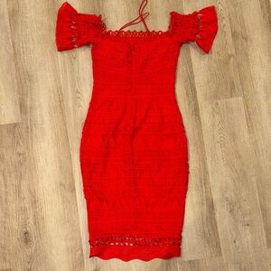 SAYLOR Vibrant Red Lace Midi Dress